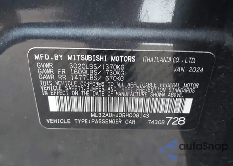 2024 Mitsubishi Mirage Es/Le z USA, uszkodzony, nr VIN ML32AUHJ0RH008143